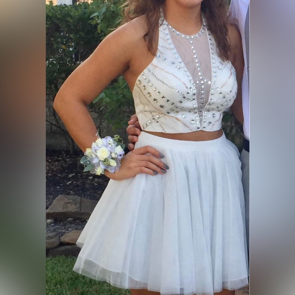 White Beaded Halter Two-Piece Dress